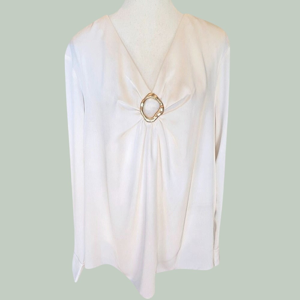 Donna Karan New York XL Ivory Blouse Gold Ring Draped V Neck Long Sleeve Top